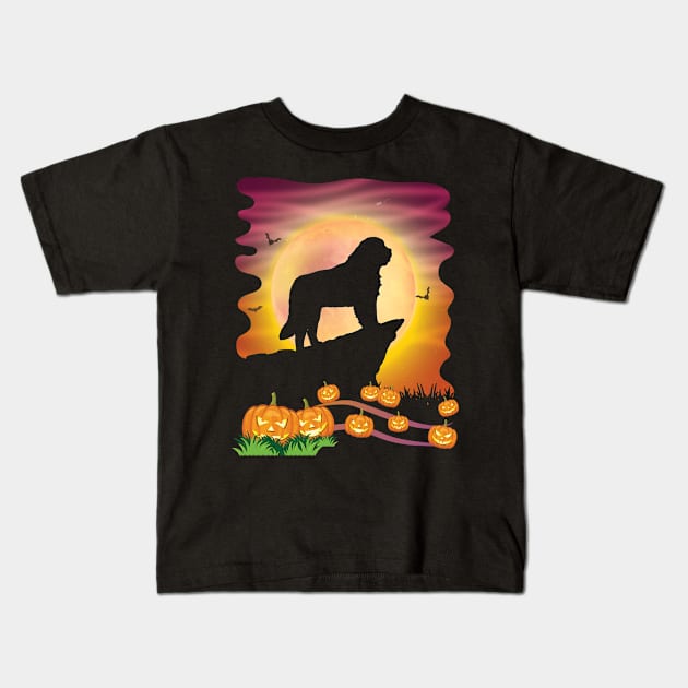 Saint Bernard Dog On Mountain & Moon Pumpkins Bat Halloween Kids T-Shirt by Cowan79